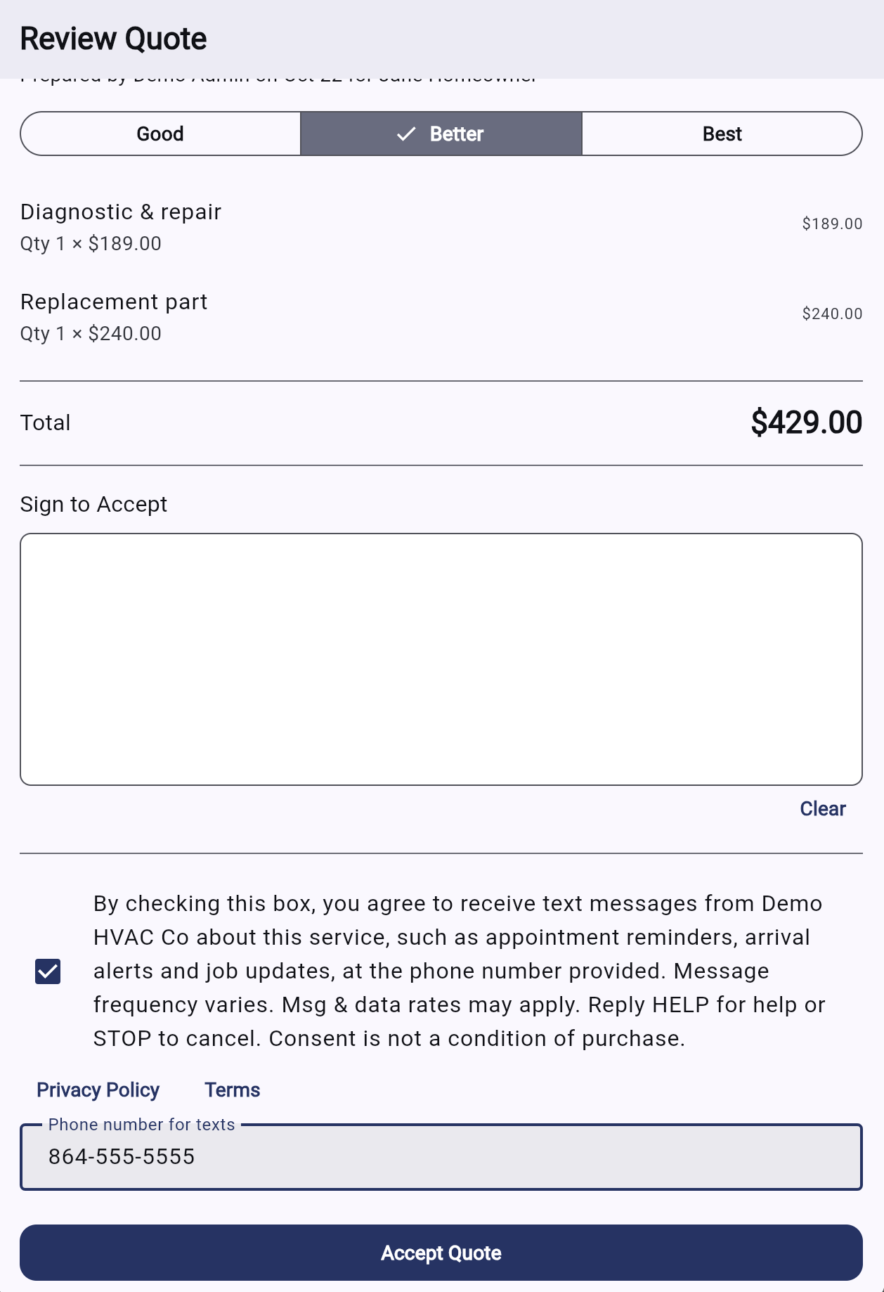 The quote acceptance page with the checkbox checked and the phone number field shown