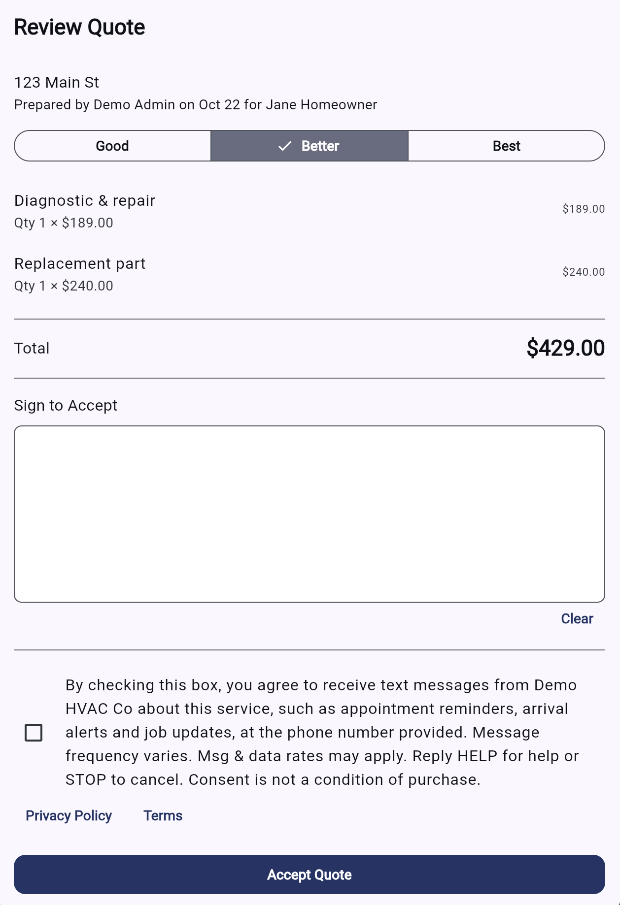 The quote acceptance page with the text message checkbox unchecked